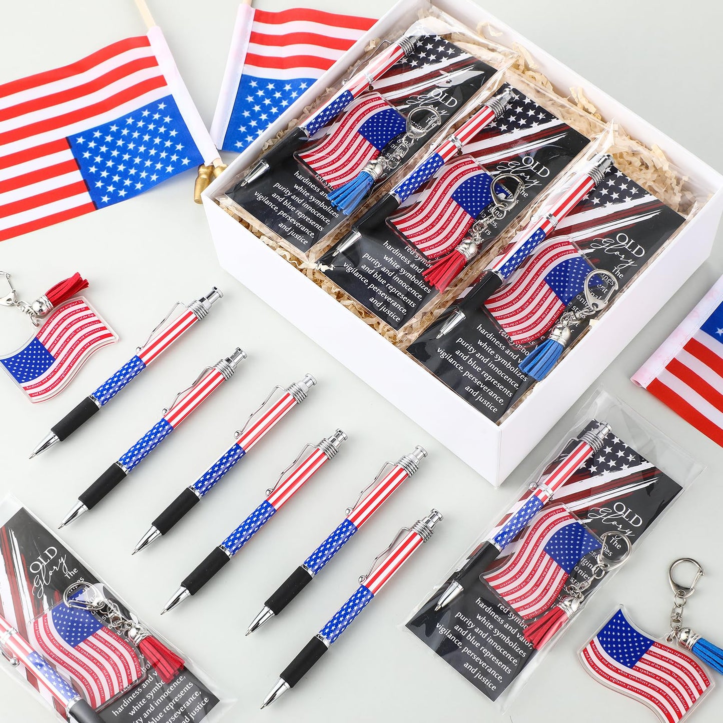 Sayglossy 50 Sets 250th Souvenirs Gift Flag Ballpoint Pen Flag USA Acrylic Keychain with The USA Patriotic Themed Card Souvenirs Gifts for Veteran Patriotic Independence Day Party Supplies