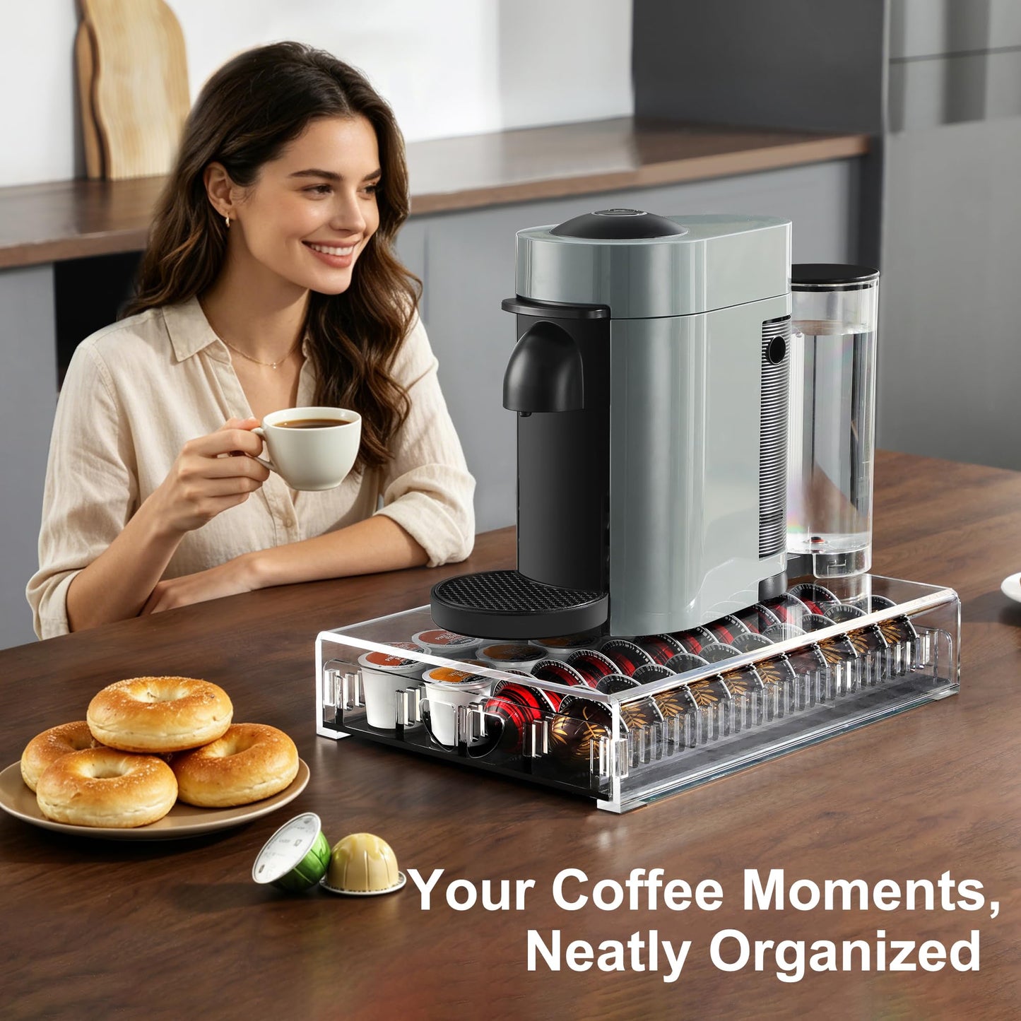 BLACKSMITH FAMILY Coffee Pod Drawer Organizer for Nespresso Vertuo Pods,Acrylic Coffee Pod Holder Holds 40 Large or 60 Small Capsules,Pull-Out Drawer with Anti-Slip Base for Countertop(Matte Black)