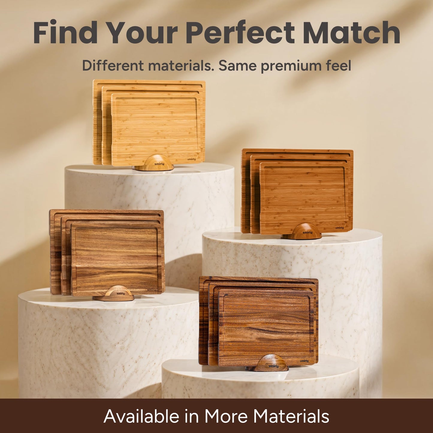 SMIRLY Bamboo Cutting board for Kitchen - Wood Cutting Boards for Meal Prep, Serving, Charcuterie - Kitchen Gadgets, House Warming Gifts - Wooden Chopping Board Set of 3 with Holder - Brown Bamboo