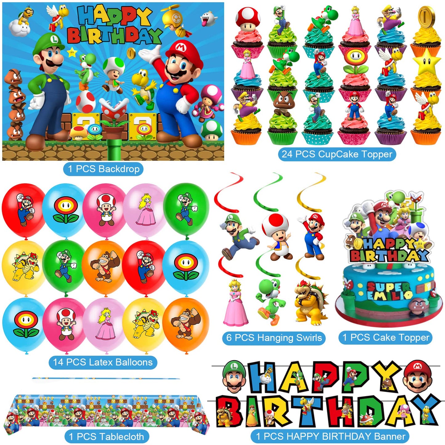 Mario Birthday Party Supplies, Party Decorations Set Include Banner, Backdrop, Balloons, Hanging Swirls, Cake Cupcake Toppers, Tablecloth for Boys Girls Mario Theme Party