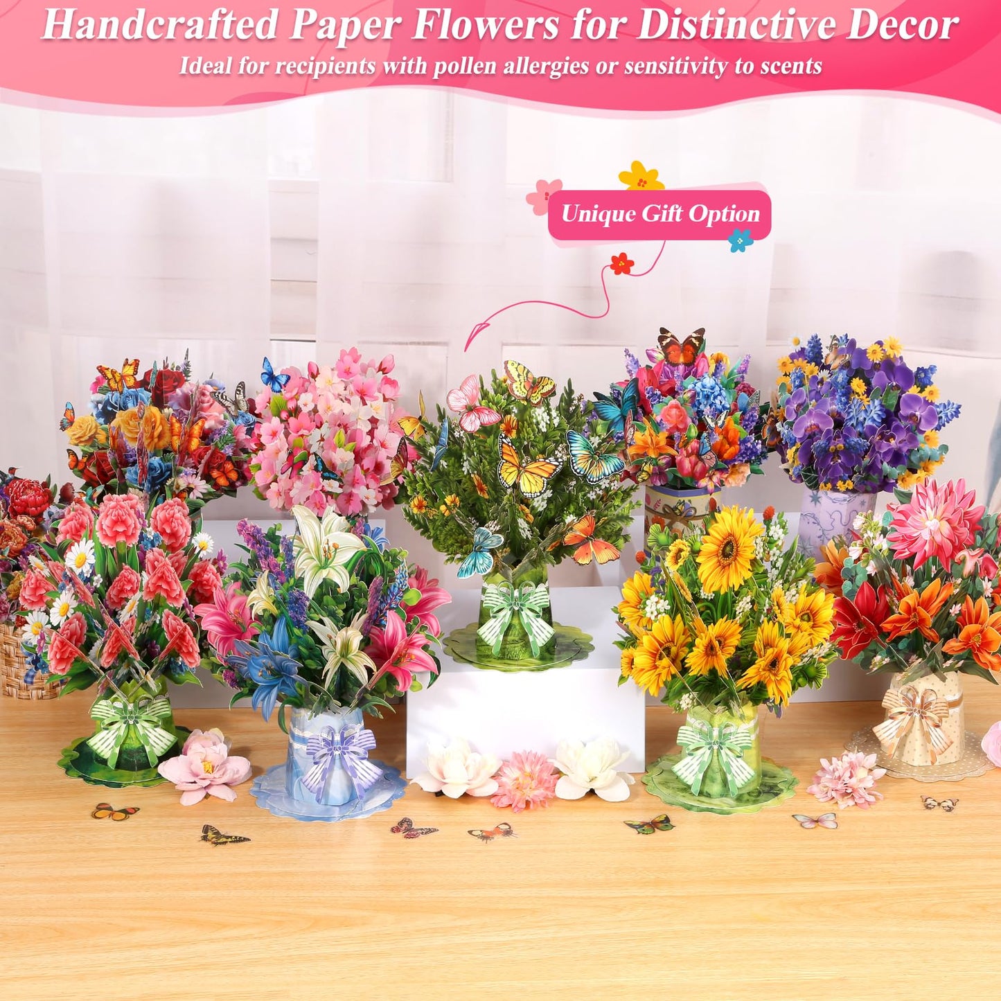 ROADPLUM 10 Pack 3D Pop Up Flower Bouquet Greeting Cards with Envelopes & Message Notes, Paper Flower Cards for Mother's Day, Birthday, Graduation, Anniversary, Congratulations, Get Well Gift