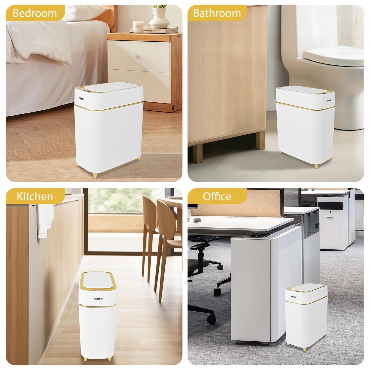 Pukomc 2.3 Gallon / 9L Automatic Adsorption Sensor Trash Can, White Gold Motion Sensor Garbage Bin with Suction, Slim Fashionable Design for Kitchen, Bathroom, Office & Small Space