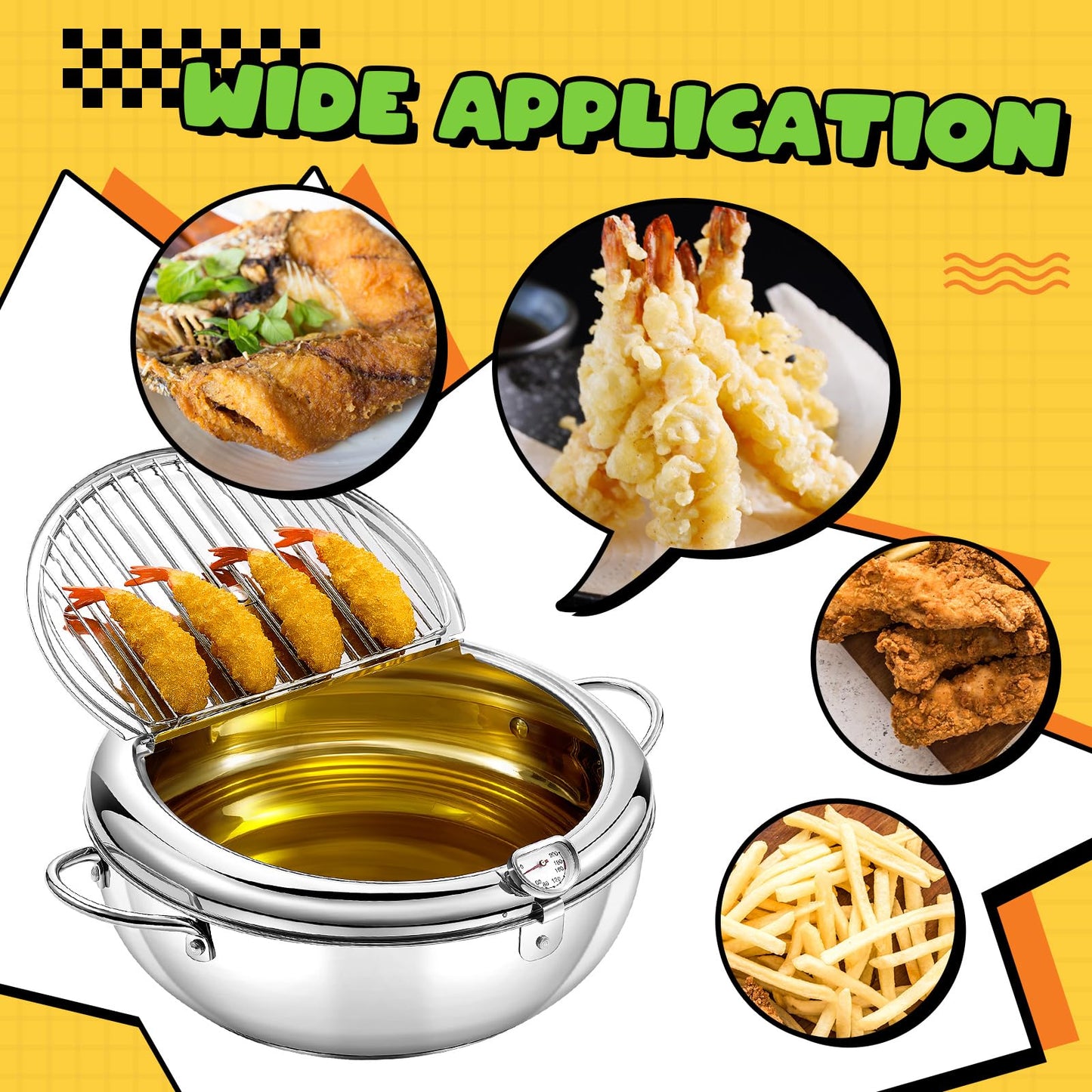 Reallnaive 4.4 Qt (4.2 L) Deep Fryer Pot 304 Stainless Steel Tempura Frying Pot with Lid and Oil Drain Rack Japanese Deep Fryer Pan with Temperature Control for Kitchen French Fries, Chicken