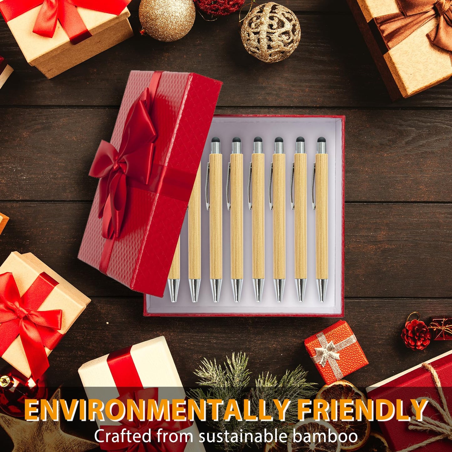 lyforx 100pcs Bamboo Pens Bulk with Touch Stylus Tip Wooden Bamboo Pens Engraving Wooden Ballpoint Pen Customizable Gift Pen Bulk