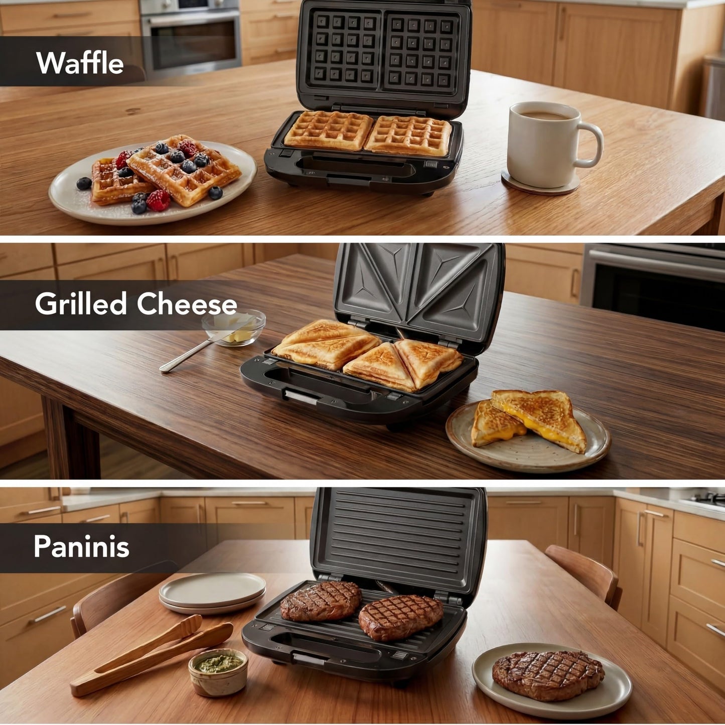 KEINVE 3-in-1 Sandwich Maker, Waffle Maker and Panini Press Grill, 800W Electric Breakfast Machine with 3 Detachable Non-Stick Plates, LED Indicator Lights, Cool Touch Handle with Latch, Black