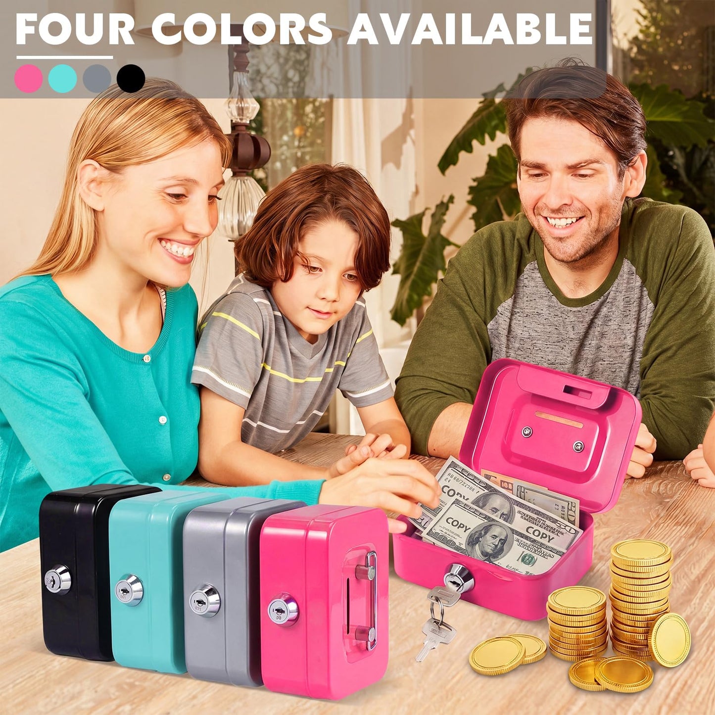 Tandefio 12 Pcs Small Money Cash Box with Lock and Slot Metal Box for Cash Steel Organizer Piggy Bank Metal Coin Bank for Adults, 4.5 x 3.3 x 2 Inch, Without Money Tray (Black,Green,Gray,Pink)