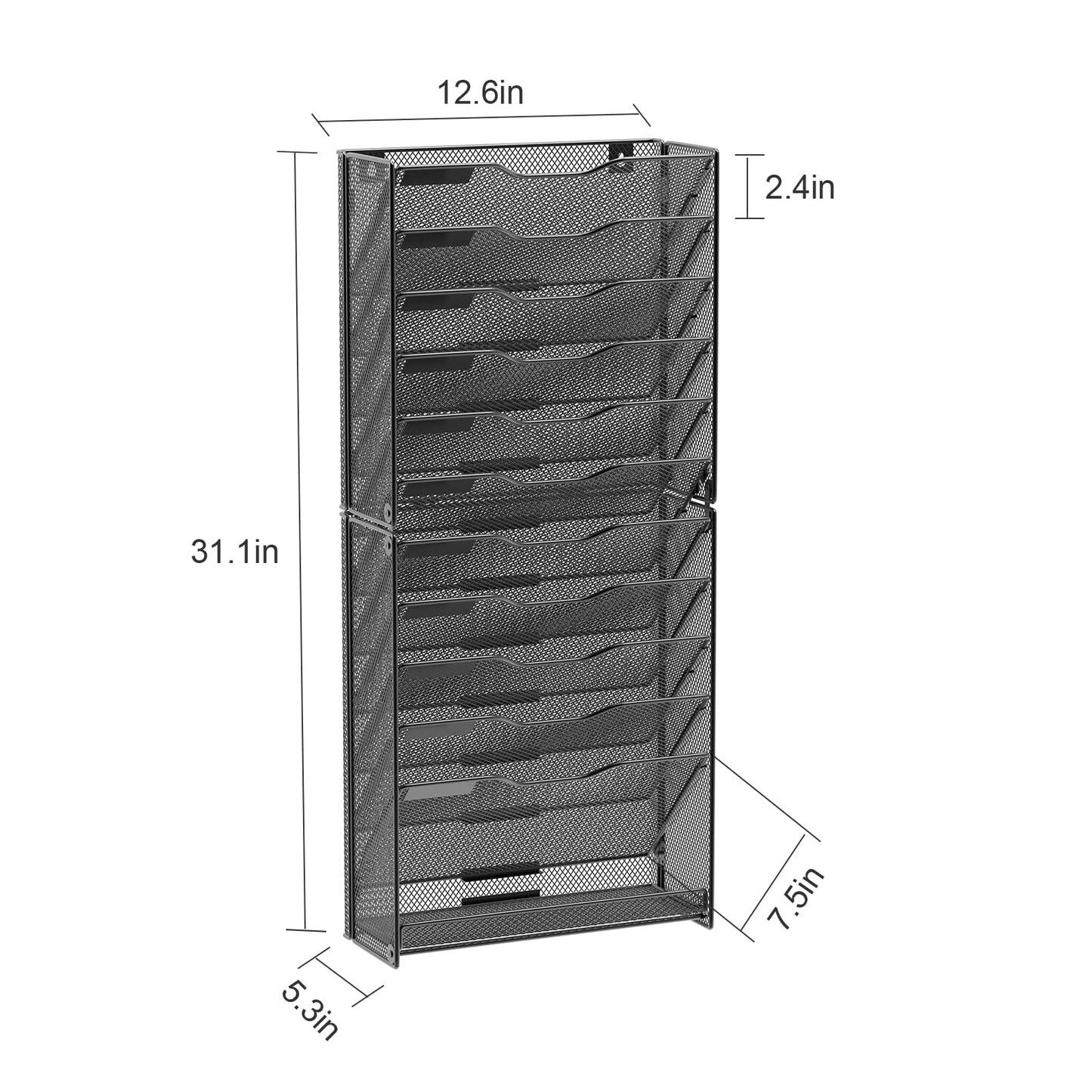 samstar 12 Tier Wall File Organizer, Hanging Wall Mount File Holder Paper Folder Mail Organizer, Mesh Metal, Black.