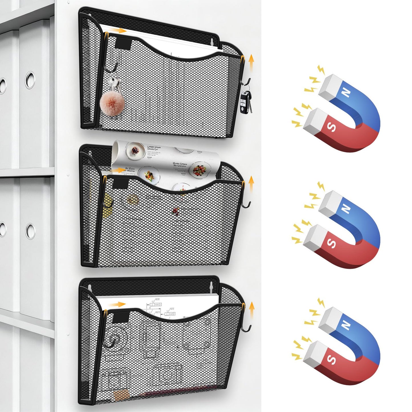 Magnetic File Holder, 3PCS Wall Hanging File Paper Mail Organizer with Removable Hooks, No Drilling Magazine Document Holder for Whiteboard, Refrigerator, File Cabinets, Washing Machine, Office,Black