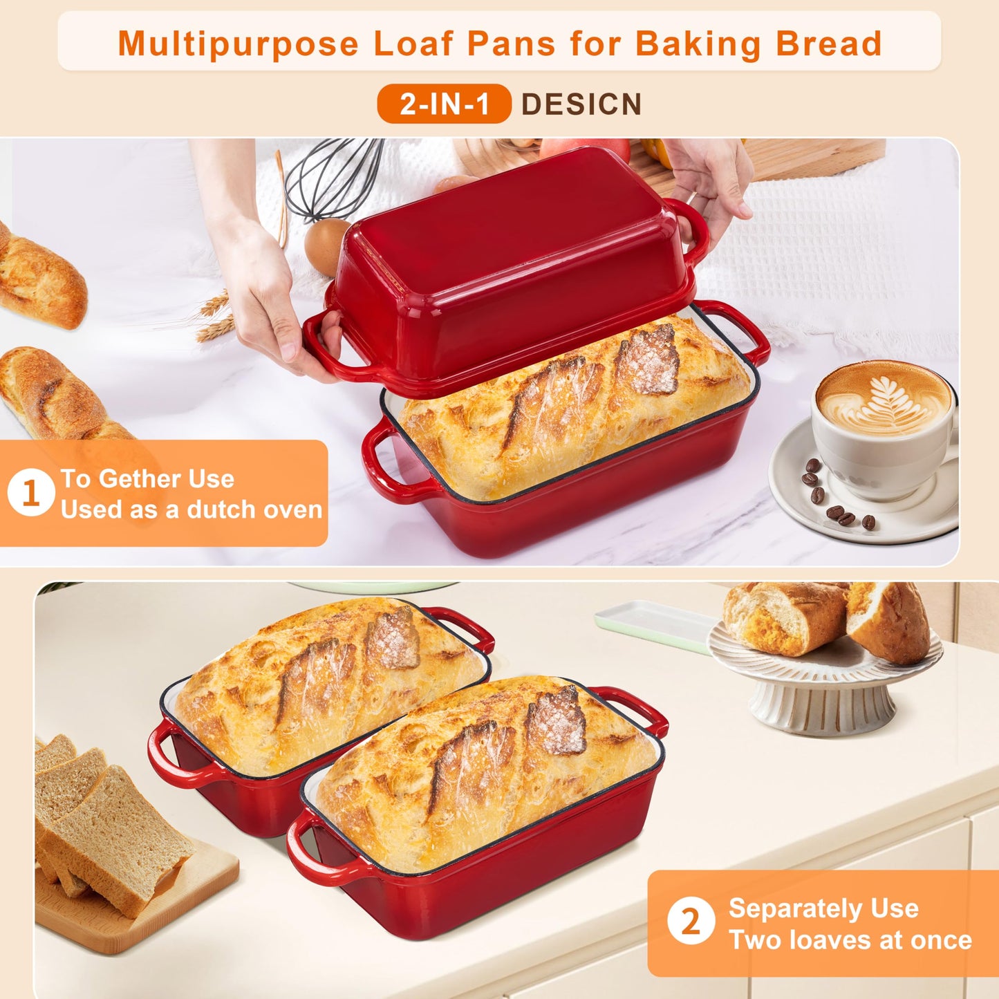 GRMImosa Cast Iron Bread Loaf Pan wiht Lid, Loaf Pans for Baking Bread 9x5 Inch, Sourdough Bread Baking Pan for Homemade Bread, Meatloaf, Even Heat Distribution, Cherry