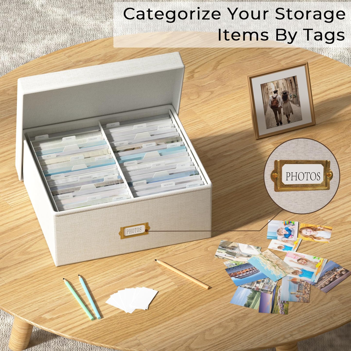Decorative Photo Storage Box - Linen Photo Box Organizer with Dividers, Fits Holds Up to 1700 Pictures and 4x6 Photos, Memory Keepsake Organizer for Photos, Scrapbook Supplies, Cards, Stamps (Beige)