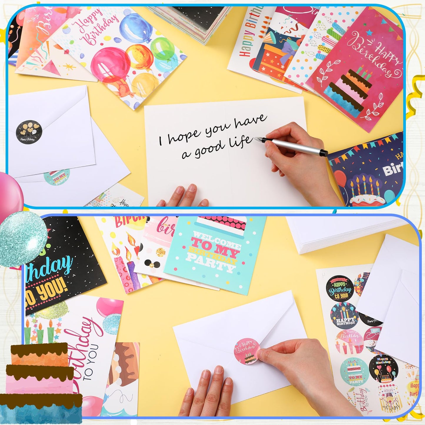 Lemosae 200 Set Unique Happy Birthday Card Bulk with Envelope and Sticker Blank Greeting Card Large 5 x 7 Inch Suitable for Office Kids Women Men, 20 Styles(Lovely Style)