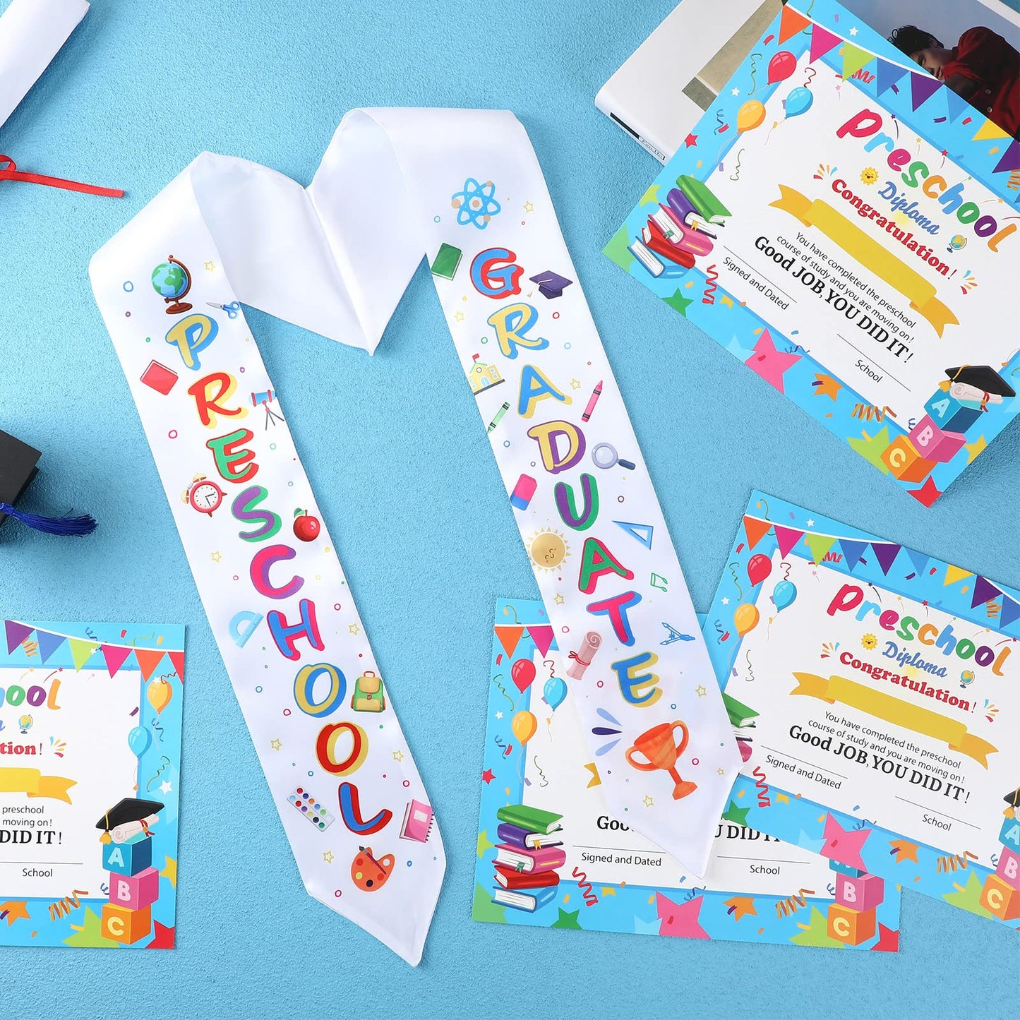 Sureio 24 Pieces Preschool Graduation Gifts Kids Graduation Stole with Preschool Diploma 12 Pcs Preschool Printed Graduation Sash and 12 Pcs Preschool Diploma Unisex Graduation Stole (Preschool)