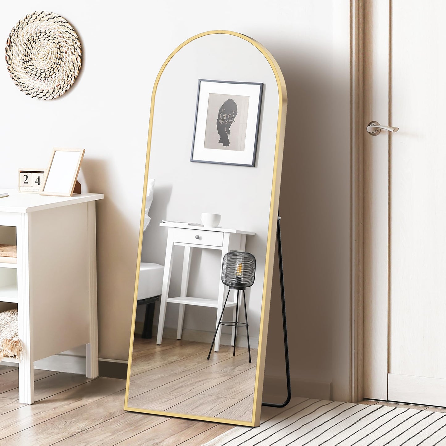 Sweetcrispy 64"x21" Arched Full Length Mirror, Leaning or Standing Full Body Mirror with Aluminum Alloy Thin Frame, Suitable for Bedroom or Cloakroom,Gold