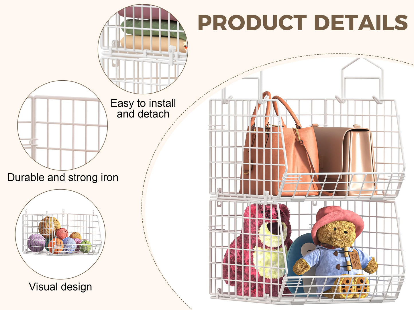 4" Extra Deeper Foldable Hanging Closet Organizer, Small Wire Cabinet Shelves and Storage with 5 S Hooks,4 Tier Metal Basket Bins for Clothes Sweaters Handbags, Wardrobe for Kitchen Laundry Room,White