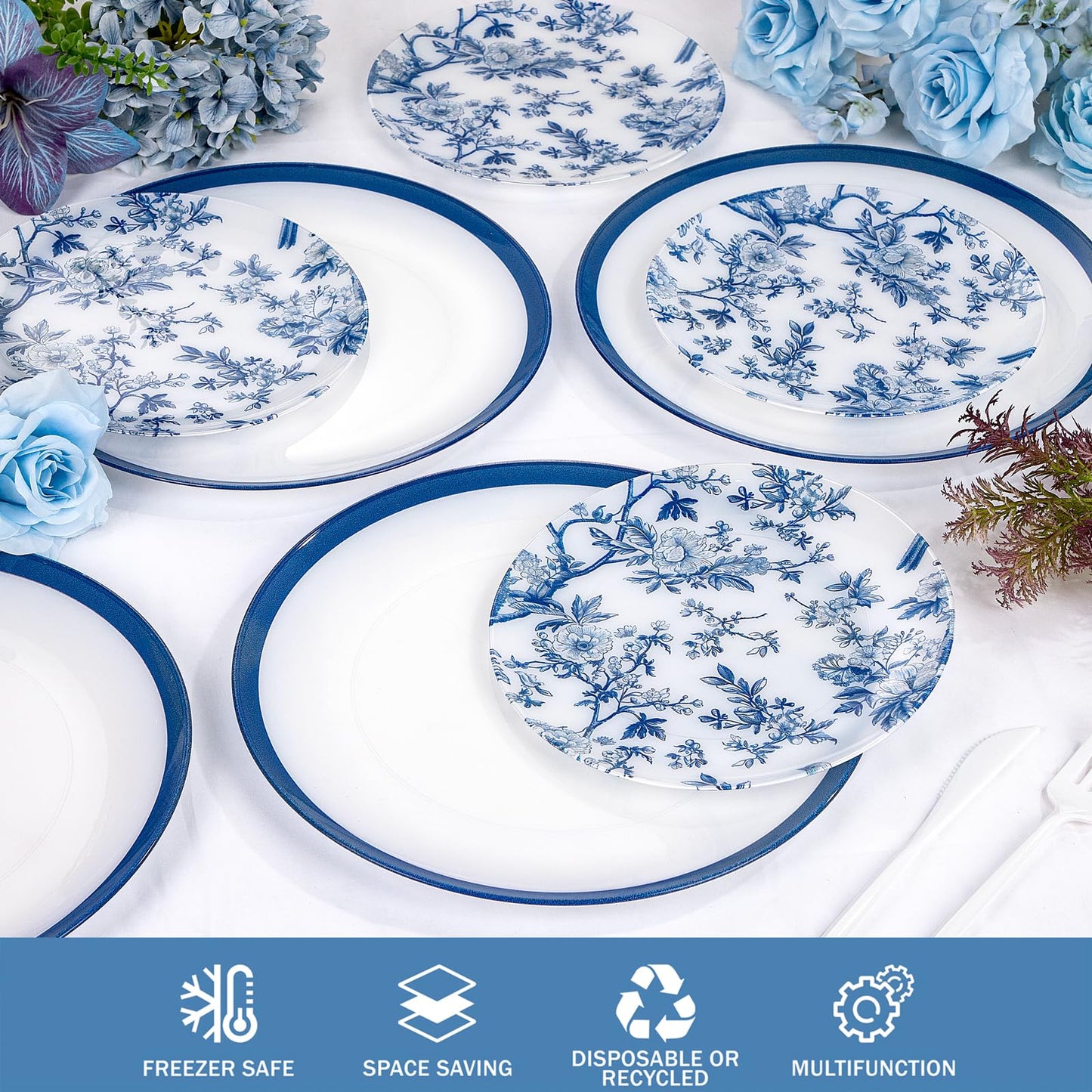 EI 60pcs Blue and White Floral Plastic Plates Fancy Blue Floral Disposable Heavy Duty,10.25inch Dinner Plate and 7.5inch Dessert Plate,Disposable Nice Plastic Plates for Party,Wedding(Value,Elegant)