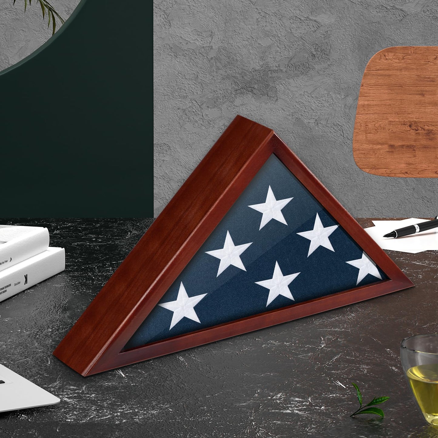 Flag Case for Burial Flag, 5' x 9.5' Funeral Flag Display Case Red Wood Memorial Flag Shadow Box for Military Veterans with Glass Covered and Wall Mounted