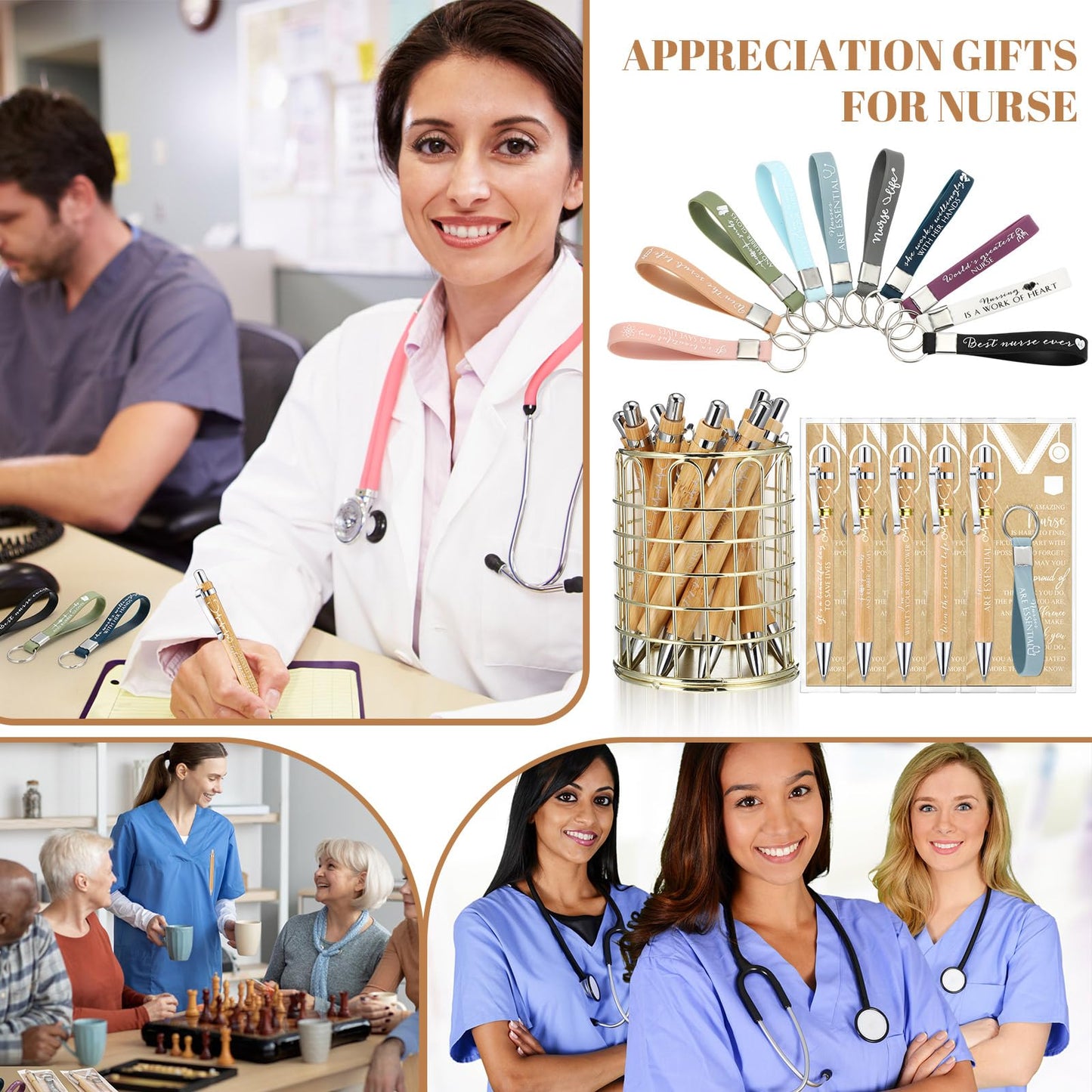 Jetec 60 Sets CNA Week Gifts Nurse Graduation Appreciation Gifts Bulk for Nursing Students Coworkers Employees Doctor Team Staff Office Include Bamboo Pen Card Keychain