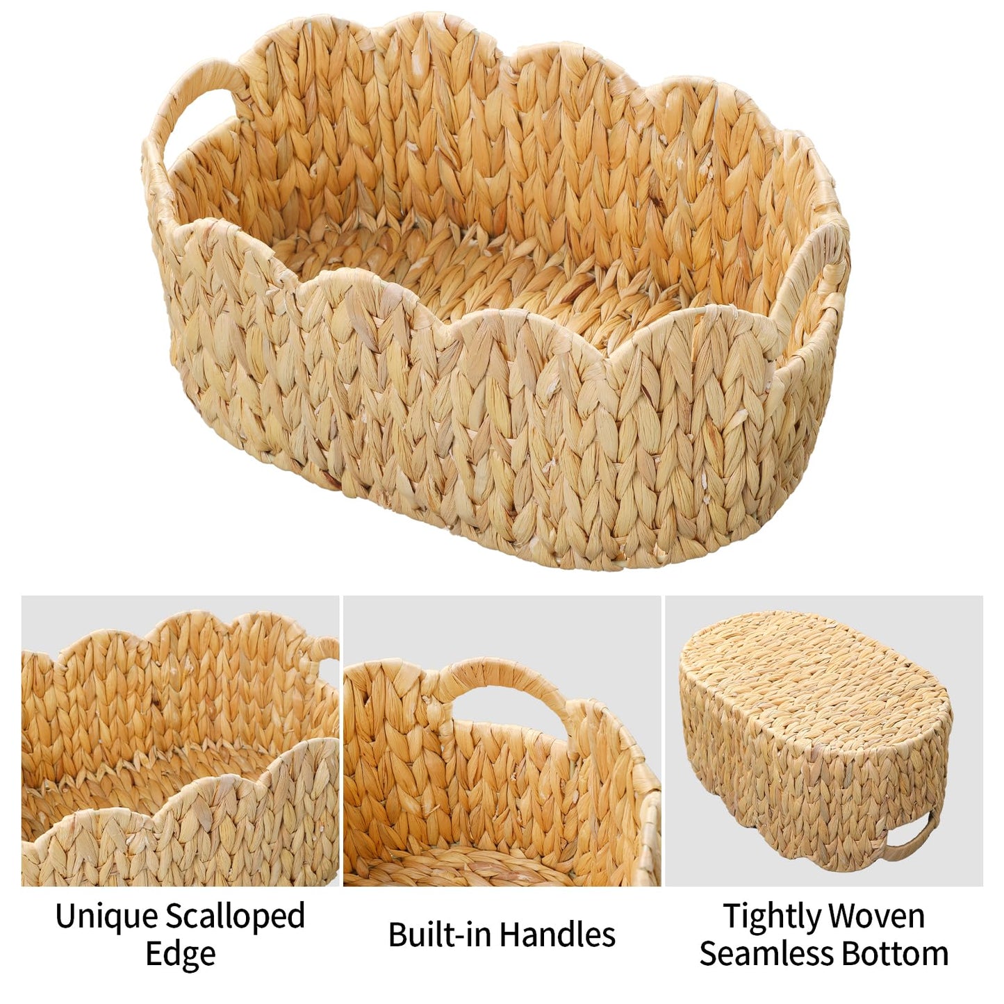 Coeusy Scalloped Basket Set of 2,Water Hyacinth Basket for Organizing and Decor,Hand-Woven Wicker Storage Baskets with Built-In Handles for Nursery,Gift,Laundry