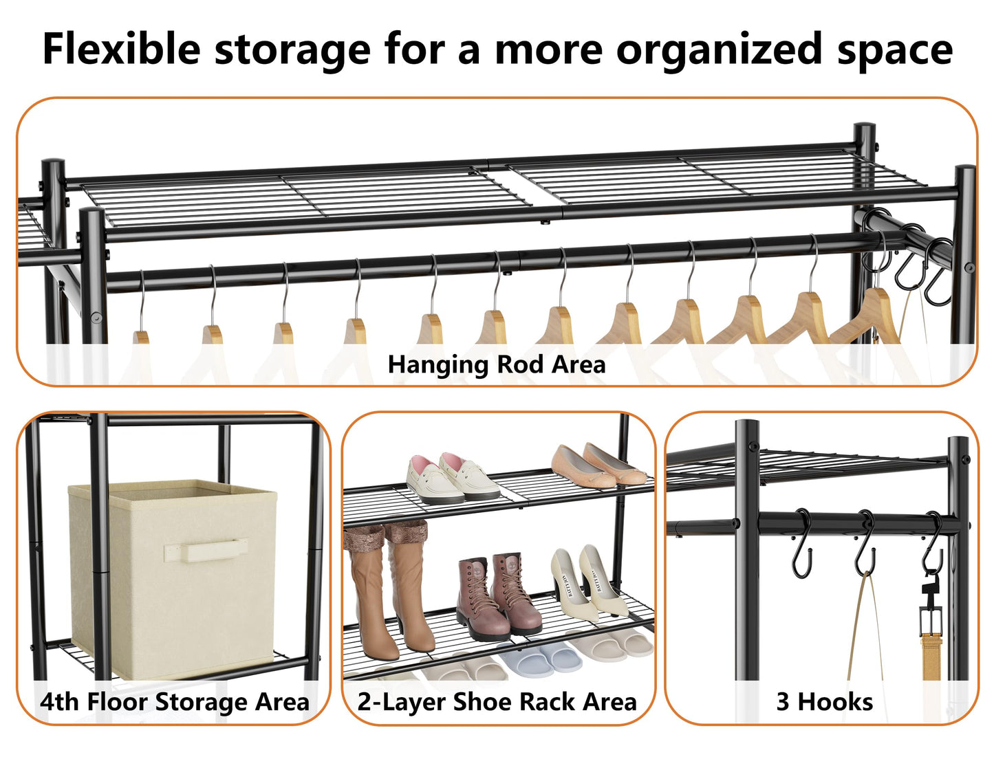 Wardrobe Closet,Portable Clothes Rack with 4 Tiers Shelves,Freestanding Closet Organizers and Storage System with Hanging Rods,Steel Clothing Rack Suitable for Cloakrooms,Bedrooms,Entrances,etc.Black
