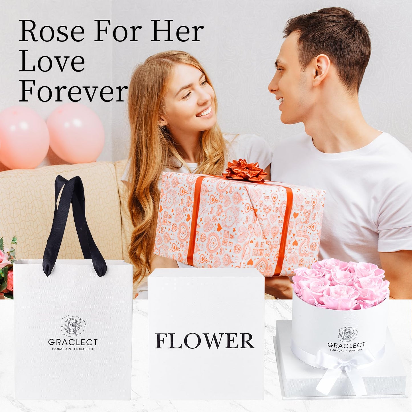 Graclect Flowers for Delivery Prime - Preserved Roses in a Box - Forever Flowers, Immortal Roses, Eternal Rose Birthday Gifts for Her, for Mom - Pink Rose