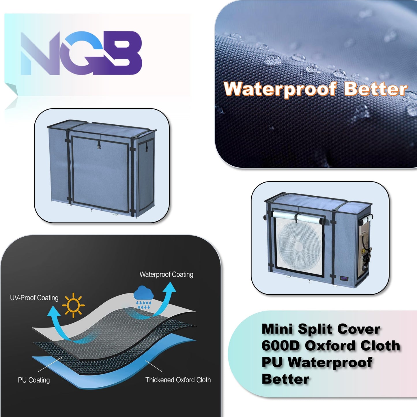 NGB Mini Split Cover for Air Conditioner Outdoor Units with 600D Waterproof Material, UV, Dust, Wind and Snow Resistant, Maximum Size 32.3Lx13.7Wx24H in, Can be Used While Running, Grey.