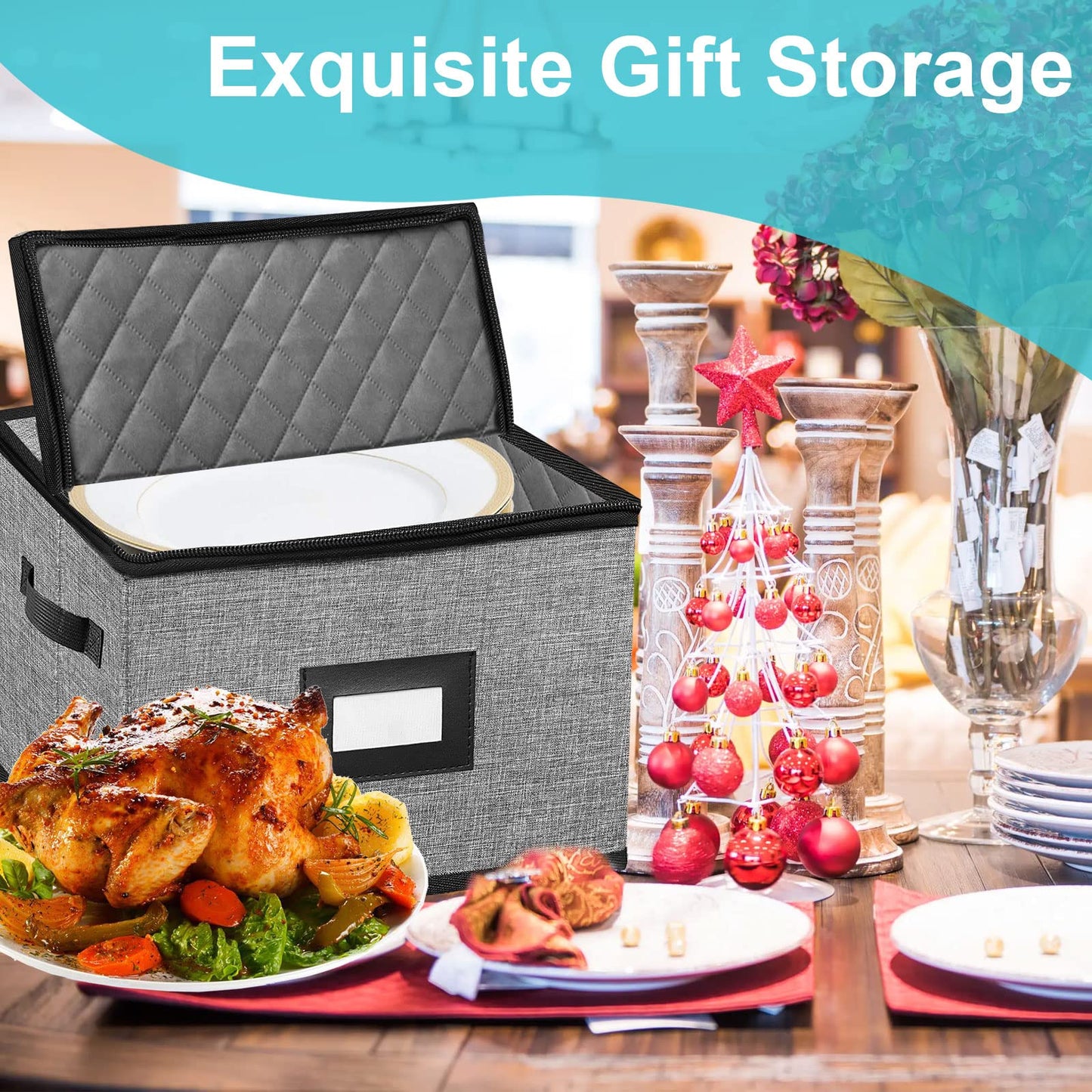 ouruer China Storage Containers-4PACK Quilted Dish Storage Containers with Lid Hard Shell for Moving Transport, Dinnerware,Stackable Plate Storage,24 Felt Plate Dividers Included,12 * 12 * 8in