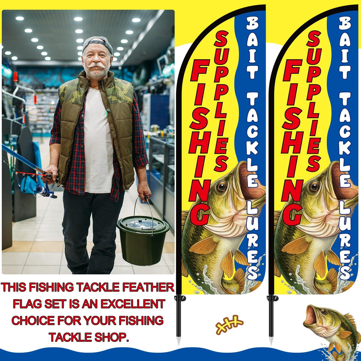 Boao 2 Pcs 8.2 ft Fishing Supplies Bait Tackle Lures Licenses Windless Feather Banner Flag Kit Fishing Supplies Sign Banner with Pole Kit and Ground Stake Swooper Flag with Aluminum Alloy Flagpole