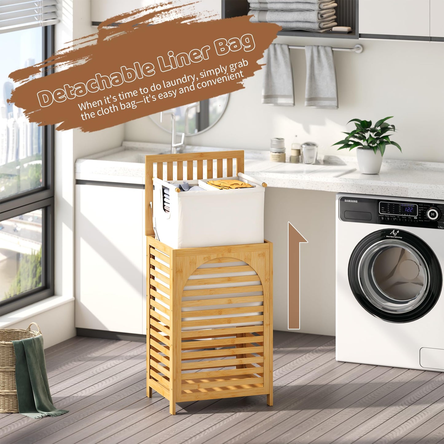 FILWH Laundry Hamper with Lid (16.9 * 13 * 26.5inches) Large Bamboo Laundry Bin Basket 85L Clothes Hamper with 1 Removable Bag Storage baskets for Bathroom(Natural)