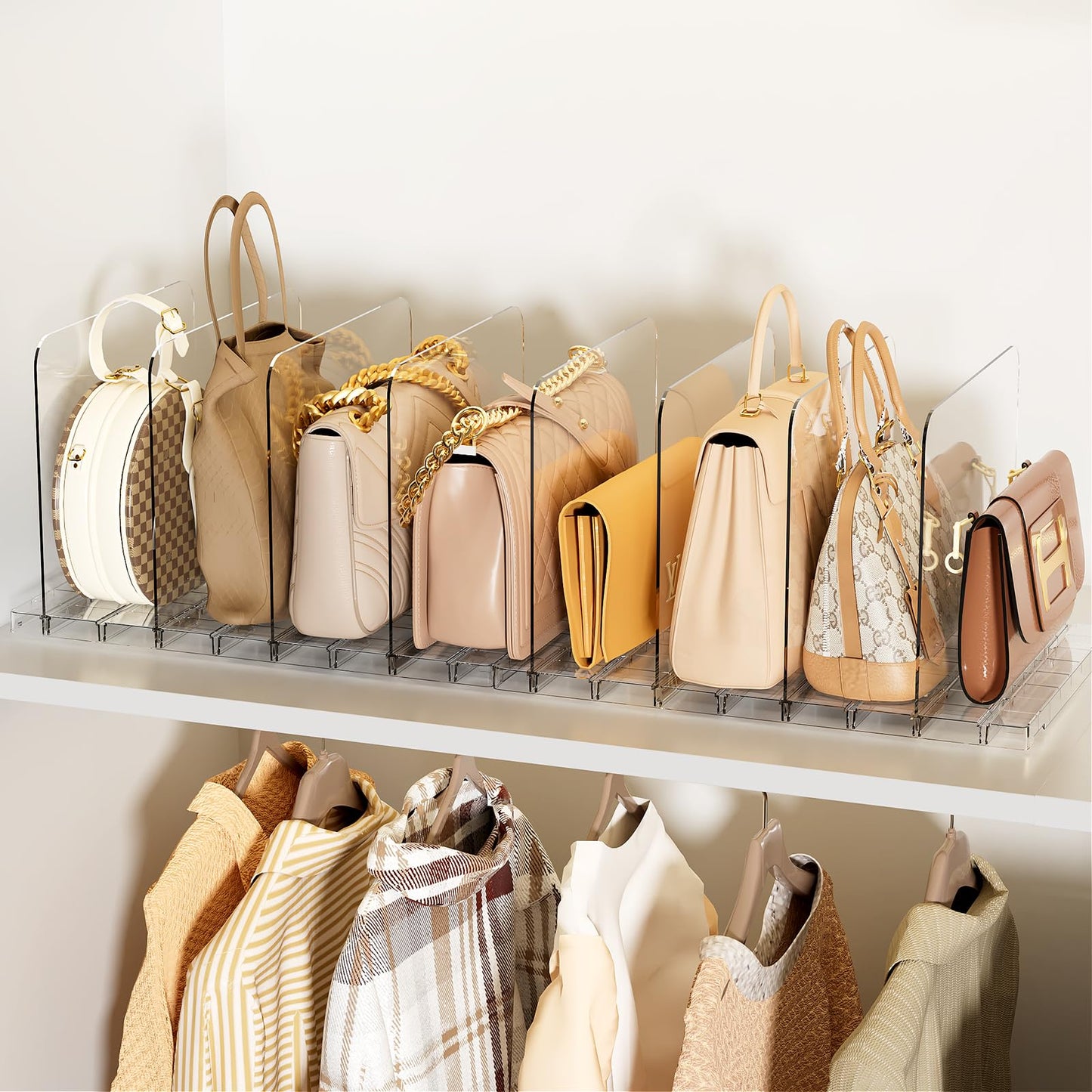 MSHOMELY Stackable Bag & Purse Organizer for Closet Acrylic Shelf Dividers for Closet Organization, Clear Handbag Purse Storage Organizer Divider, Keep Clutch, Wallet, Pocketbook Upright, 6 Pack