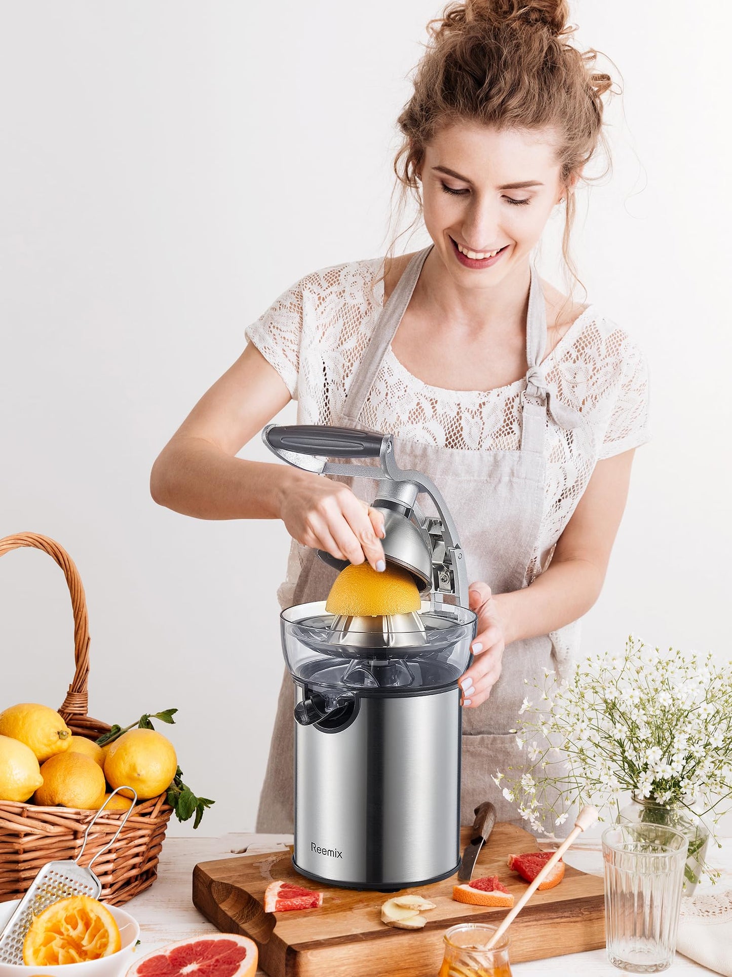Electric Citrus Juicer Squeezer, Reemix Powerful Orange Juicer with Zine Alloy Die Casting Shell, Luxury Citrus Squeezer with Two Interchangeable Cones for Oranges of any Size (Zine Alloy Die Casting)