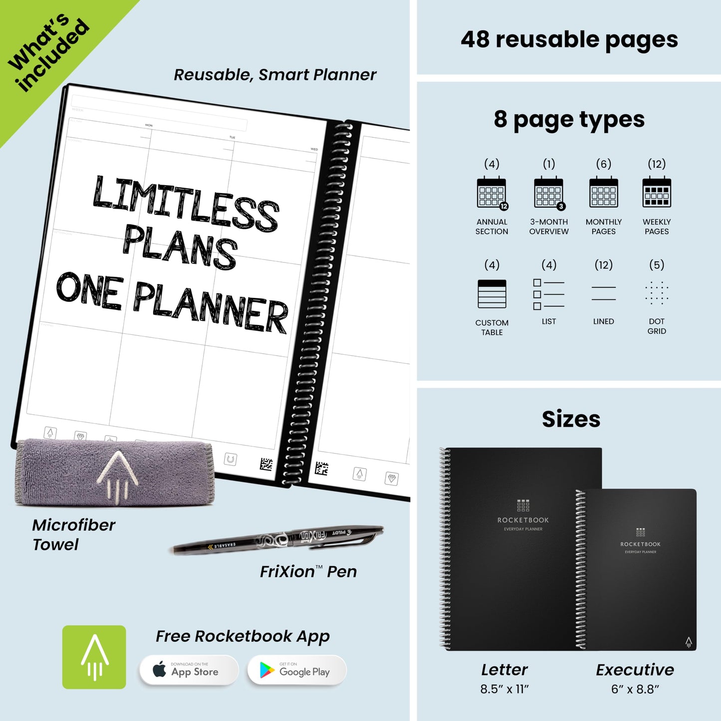 Rocketbook Smart Reusable Everyday Planner, Undated Weekly, Monthly, Annually, For Scheduling, Executive Size, 6x8.8, Black