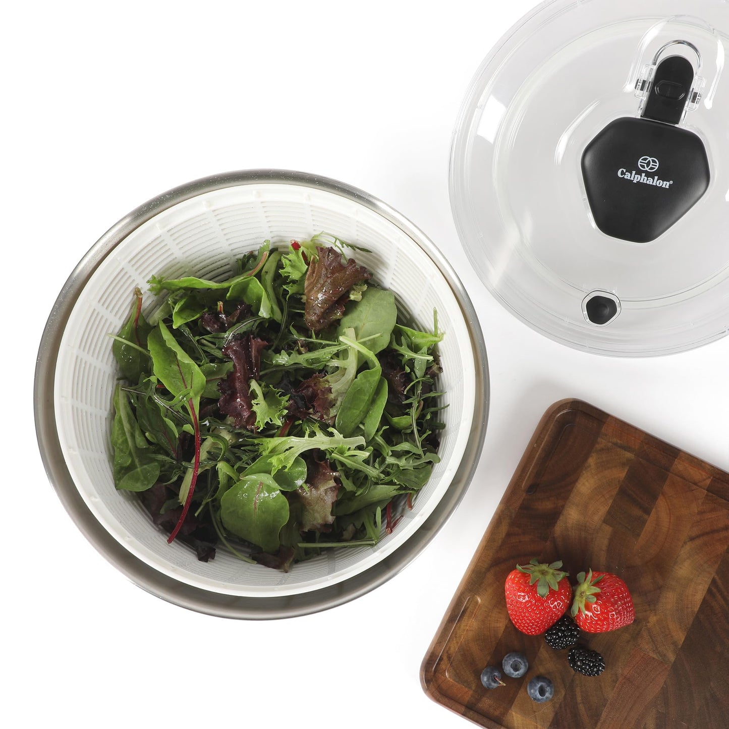 Calphalon Aero 6.3-Qt Stainless Steel Salad Spinner, Fruit & Vegetable Washer Bowl with Strainer Basket for Washing Lettuce, Spinach, Herbs & Fresh Produce
