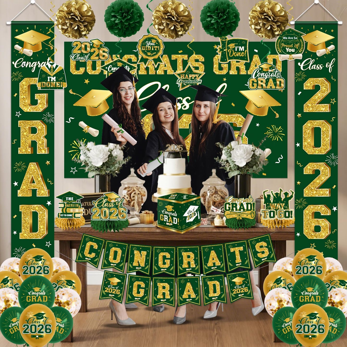 2026 Graduation Decorations - Green Congrats Grad Party Supplies include Card Box, Backdrop, Banner and Balloons for Class of 2026 Decorations Set