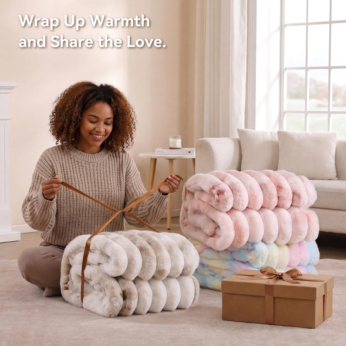 Smoofy Fluffy Faux Fur Throw Blanket - Super Soft Thick Plush Cozy Fuzzy Rabbit Fur, Luxury Warm Fleece Stripe Blanket for Couch, Sofa, Room Decor Gift for Women, Tie Dye Brown Throw, 50x60