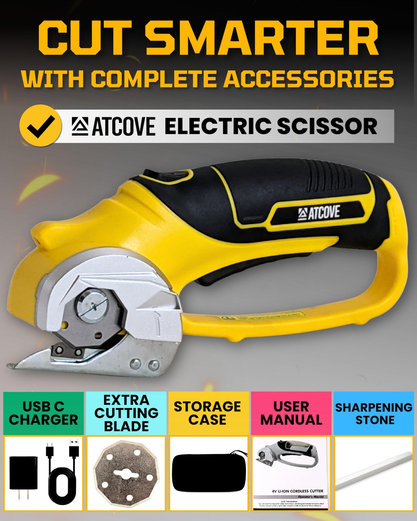 Cordless Electric Scissors - 4V Rechargeable Cardboard Cutter with Safety Lock and LED Light - Electric Box Cutter for Cardboard, Fabric, Leather, Rope - Cordless Scissors Cutting Tool up to 0.25 in