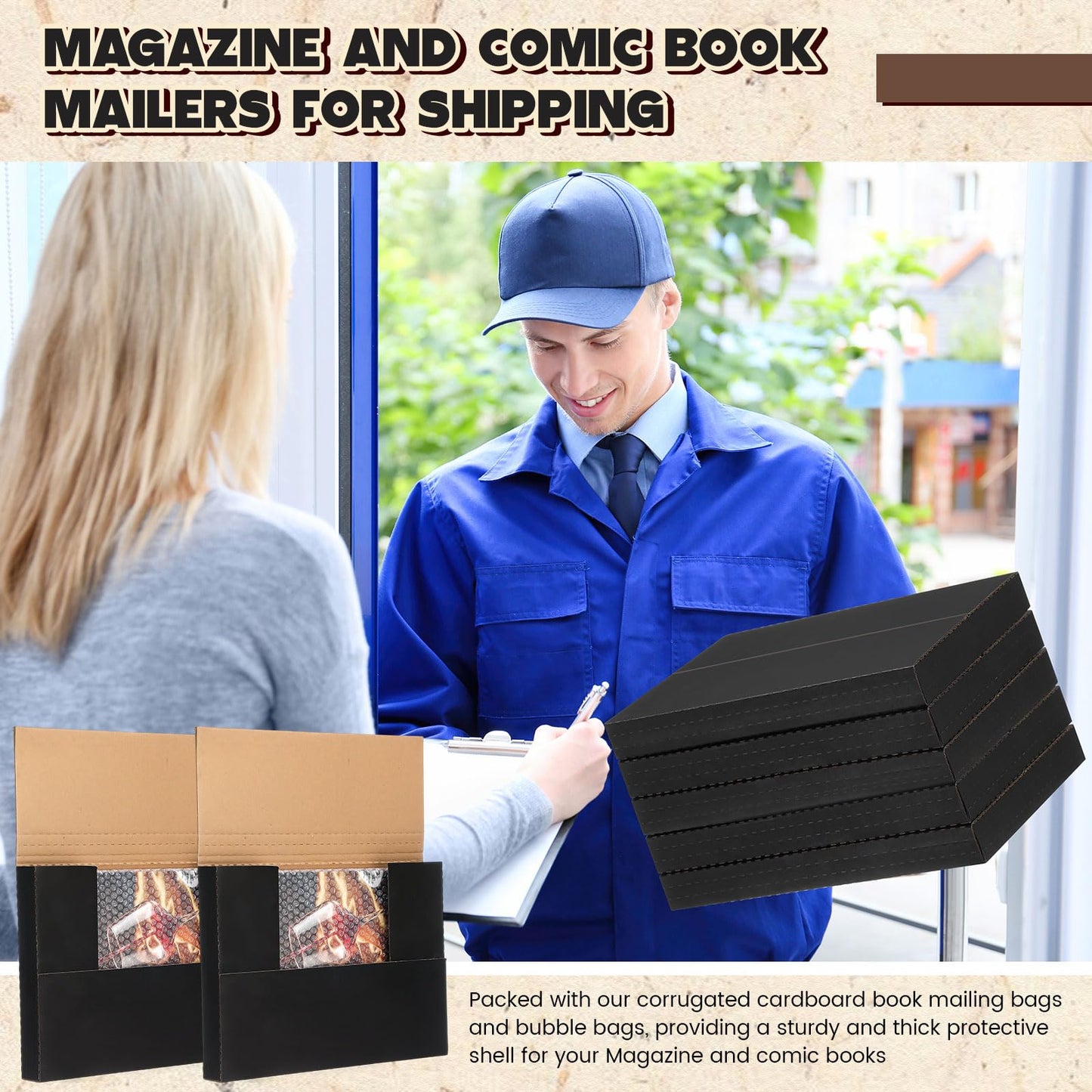 Fullhawl 30 Pack Corrugated Comic Book Mailers with 30 Bubble Bags, Comic Book Shipping Box Easy Fold Cardboard Photo Box for Mailing Packaging, Height Adjustable (Black,7.8 x 11 x 1.2 Inch)