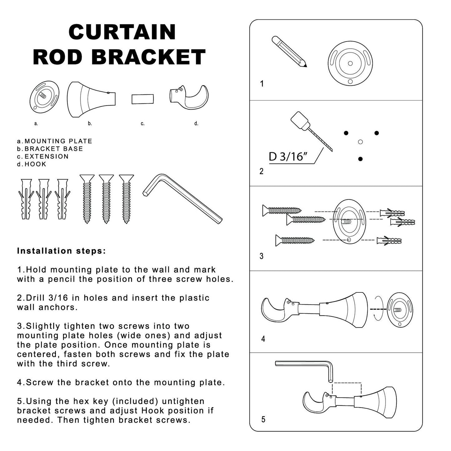 Heavy Duty Curtain Rod Brackets for Wall, 6 inch Curtain Rod Brackets, Extra Long Holder for Heavy Curtains, for 3/4 to 1 inch Rods, 4 pcs Extended Wall Mount Holders, Set of Four, Black