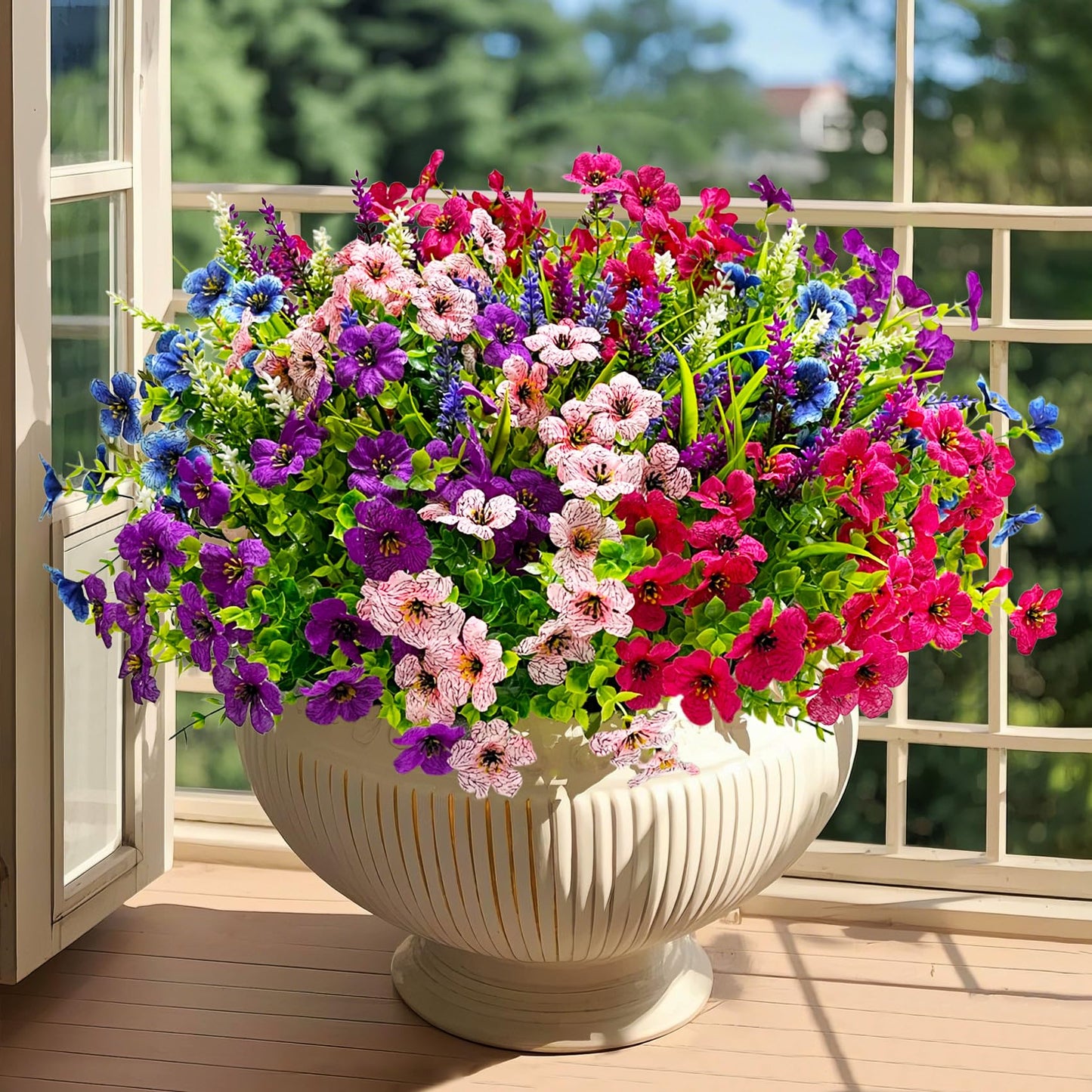 Besteek 20 Bundles Artificial Flowers for Outdoors Decoration Fake Silk Flowers UV Resistant Faux Plants Artificial Daisy Eucalyptus for Spring Summer Garden Yard Porch Window Home Decor, Mixed