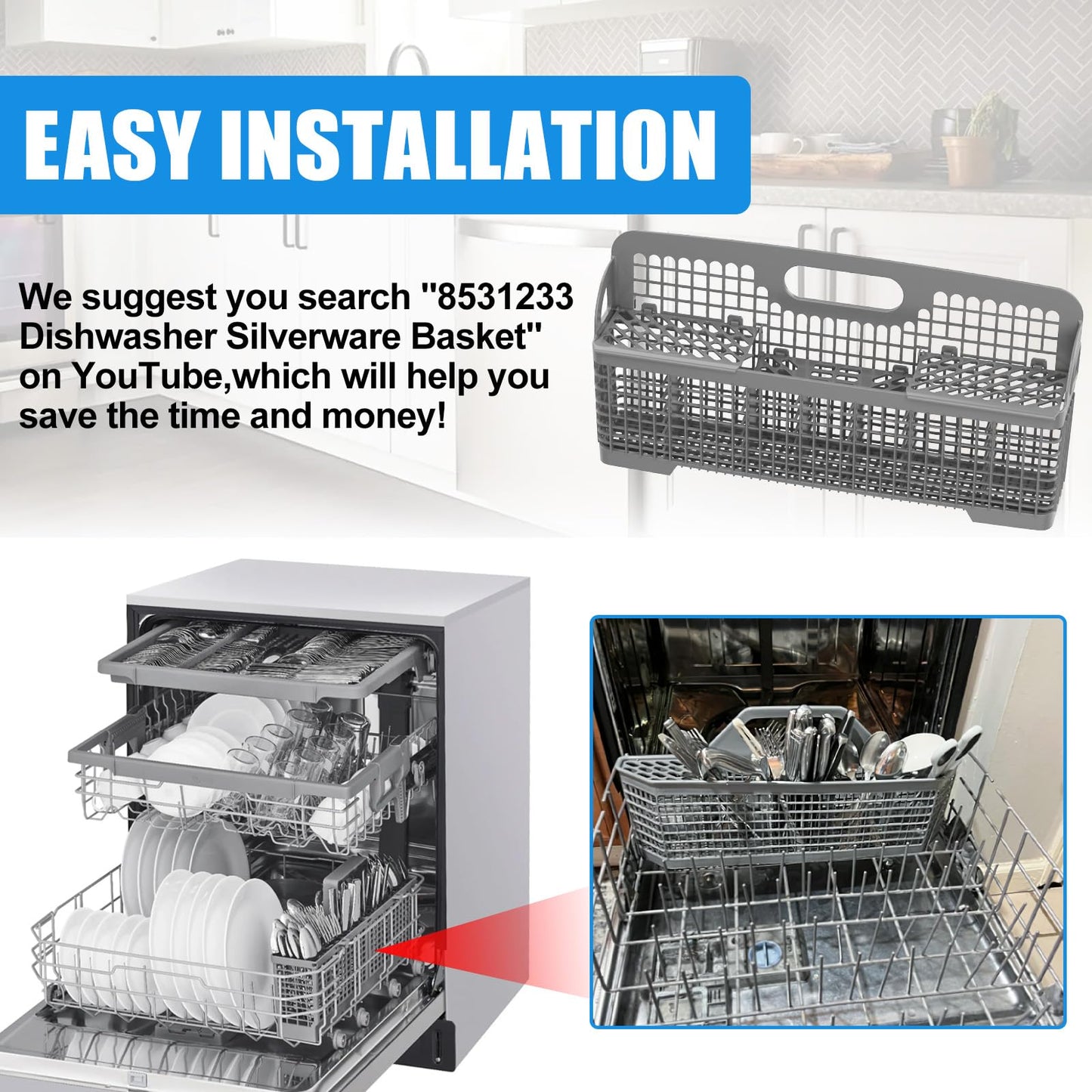 UPGRADED 8531233 WP8562043 Dishwasher Silverware Basket Replacement,Fits For Kitchenaid Kenmore Whirlpool Dishwasher Utensil Basket Parts KDFE104HPS0 KDTE334GPS0 Universal Dishwasher Cutlery Basket