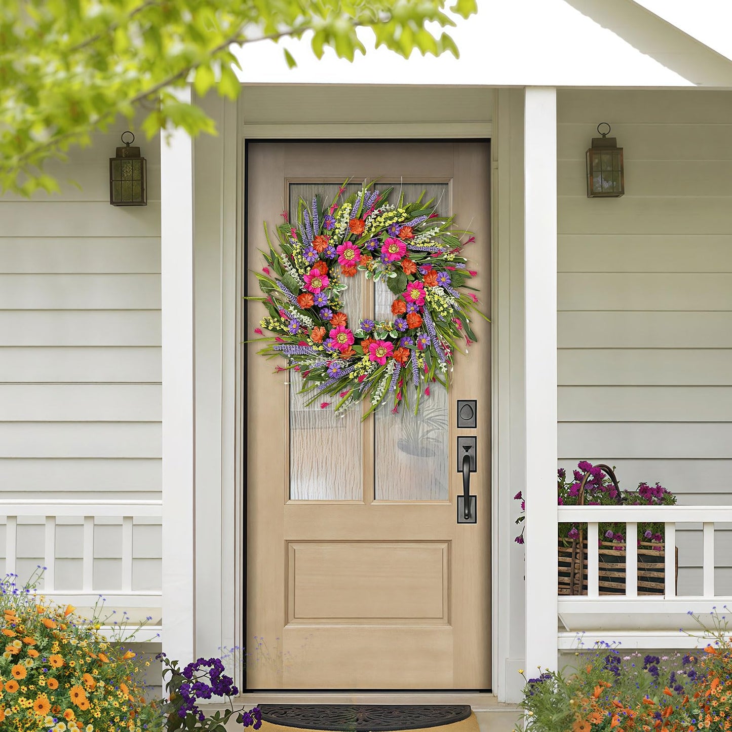 Spring Wreaths for Front Door 24 Inch with Vibrant Lavender and Daisy, Large Spring & Summer Wreath for Door Outside, Year Round Farmhouse Wedding Window Wall Decor, Housewarming Gift