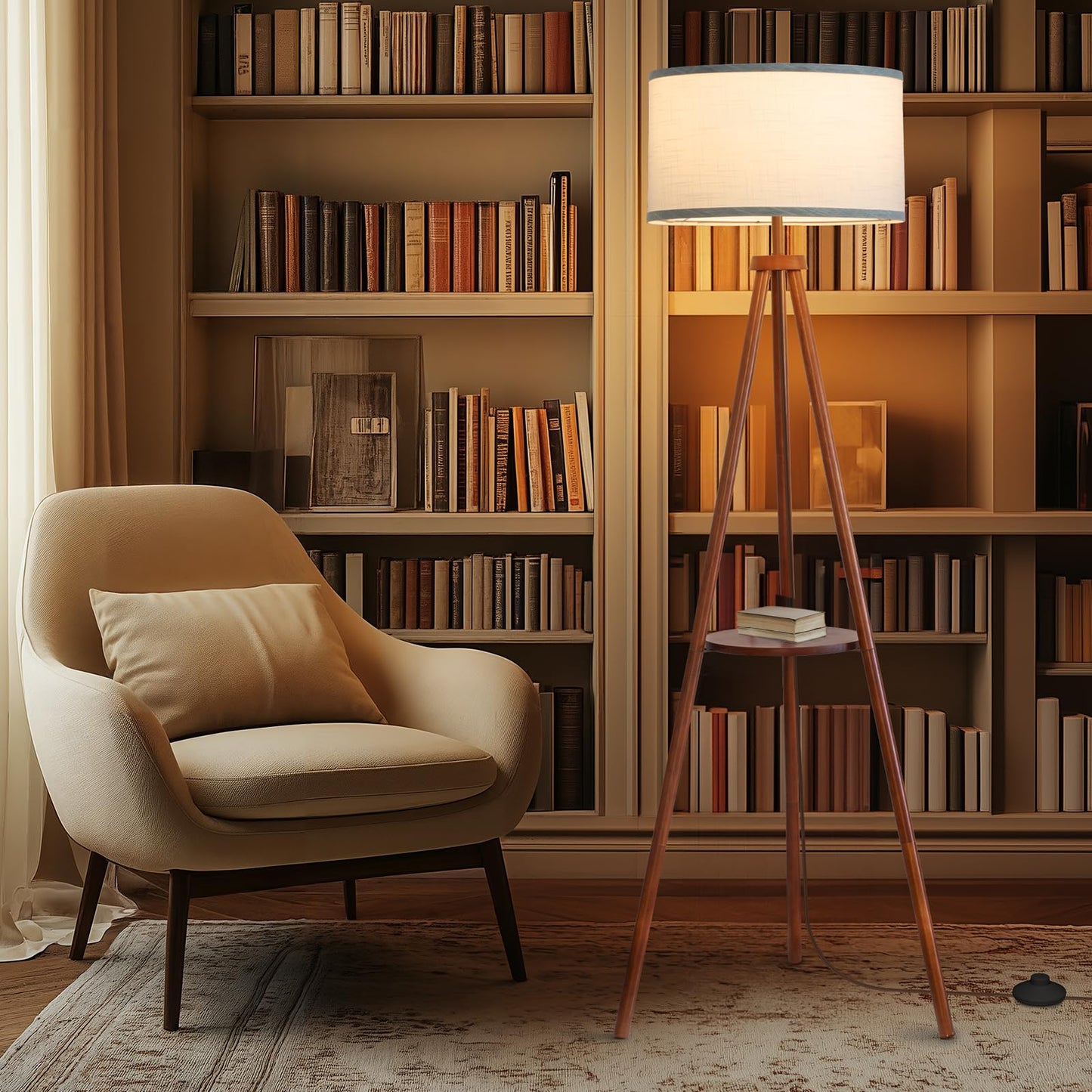 EOEYYOYB Floor Lamps for Living Room, Modern Standing Lamp with Shelf, 3 Color Temperature Led Bulb Tall Lamps with Foot Switch for Bedroom and Office, Walnut