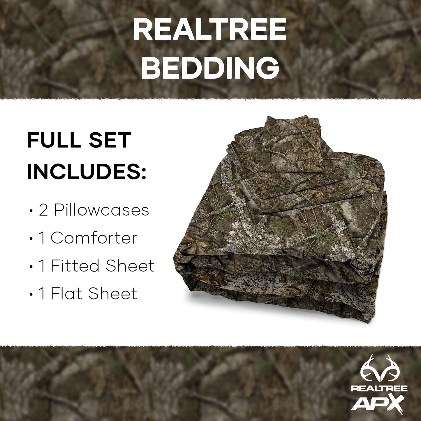 Northwest Realtree 5-Piece Full Size Bed in a Bag Set, 1 Comforter, 1 Fitted Sheet, 1 Flat Sheet, 2 Pillowcases, All Seasons Bedding, APX Camo