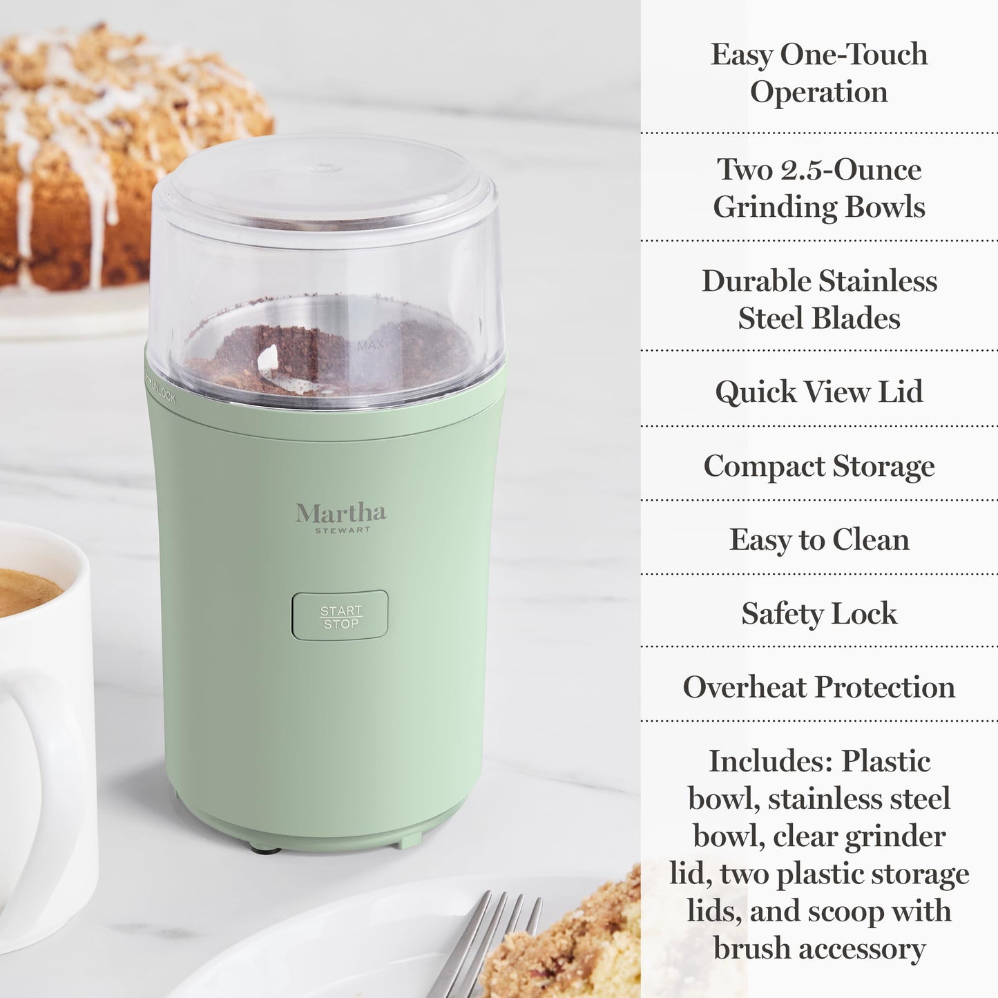 Martha Stewart Electric Coffee & Spice Grinder, Dual 2.5oz Removable Bowls, Storage Lids, Stainless Steel Blades, One Touch Pulse Control, 2-in-1 Compact, Beans & Spices, Herbs & Nuts, Honeydew Green