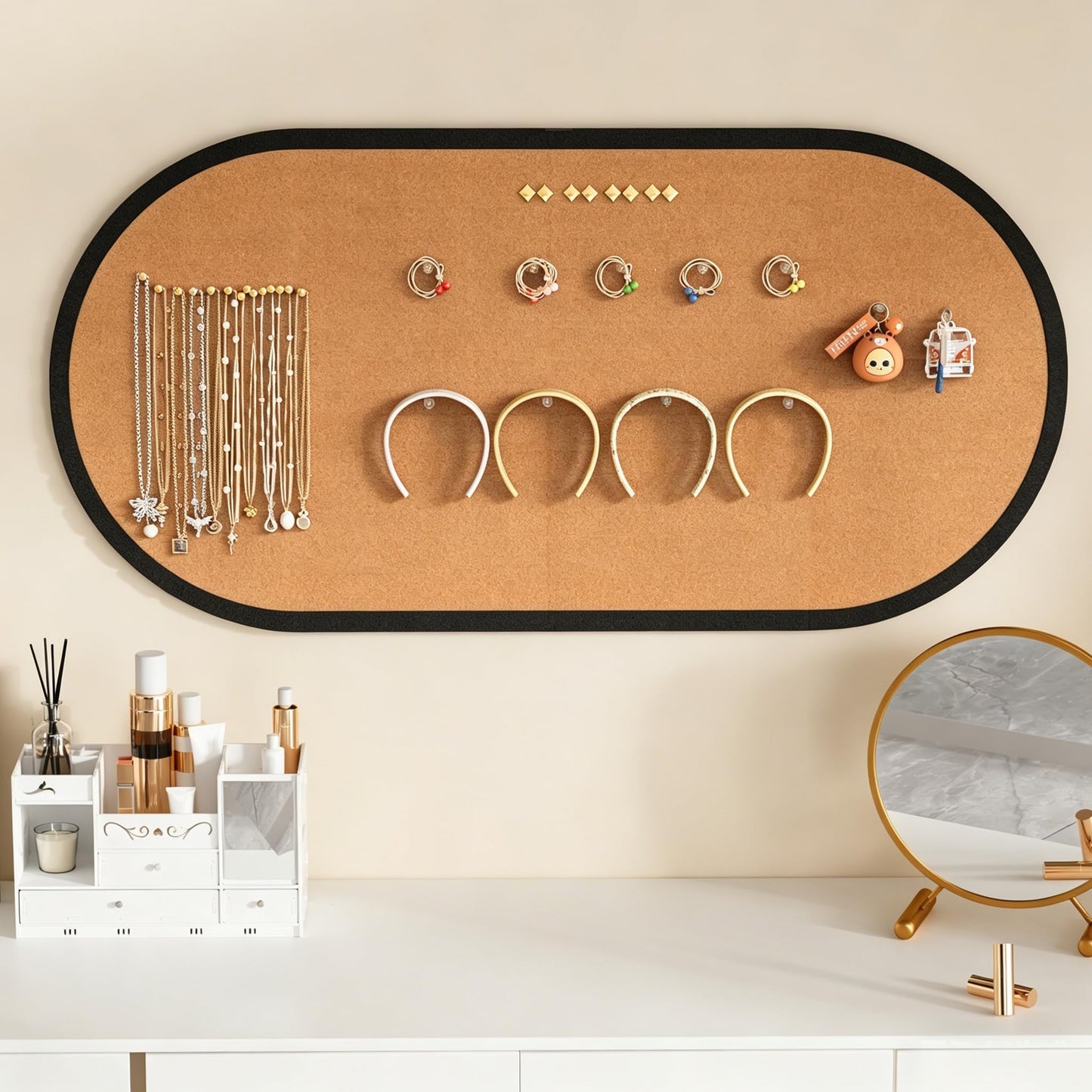 Large Felt Bulletin Board, Felt Pin Board, Stylish Cork Board Alternative, Self-Adhesive Vision Board for Office, Home Decor, Photo Display (Golden Copper-Black Frame, Oval - 47 x 24 Inches)