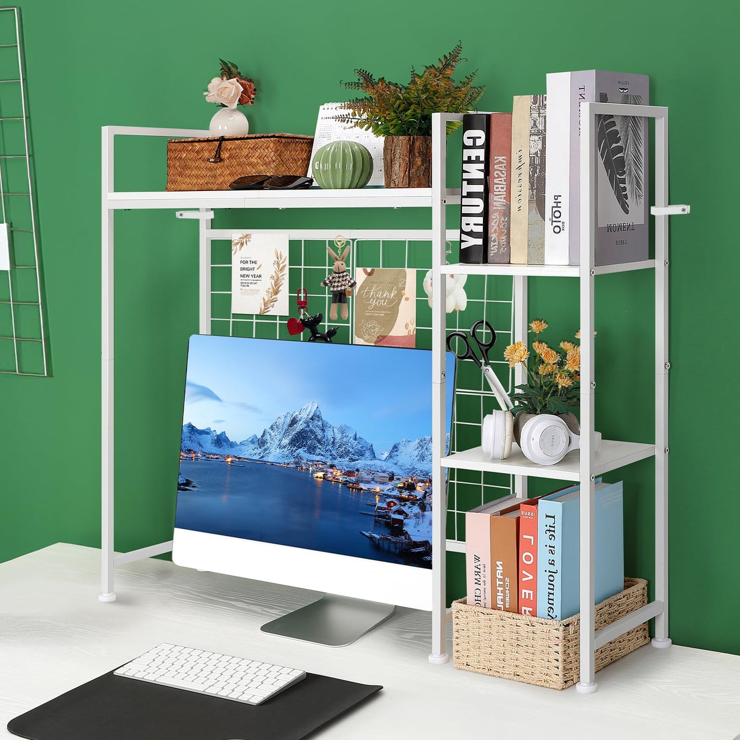 YBING Desk Shelf, 37.4" Desktop Organizer Shelf, Desk Hutch for Computer Monitor, Display Bookcase Rack with Grid Panel, Wood Desktop Bookshelf for Home Office, White