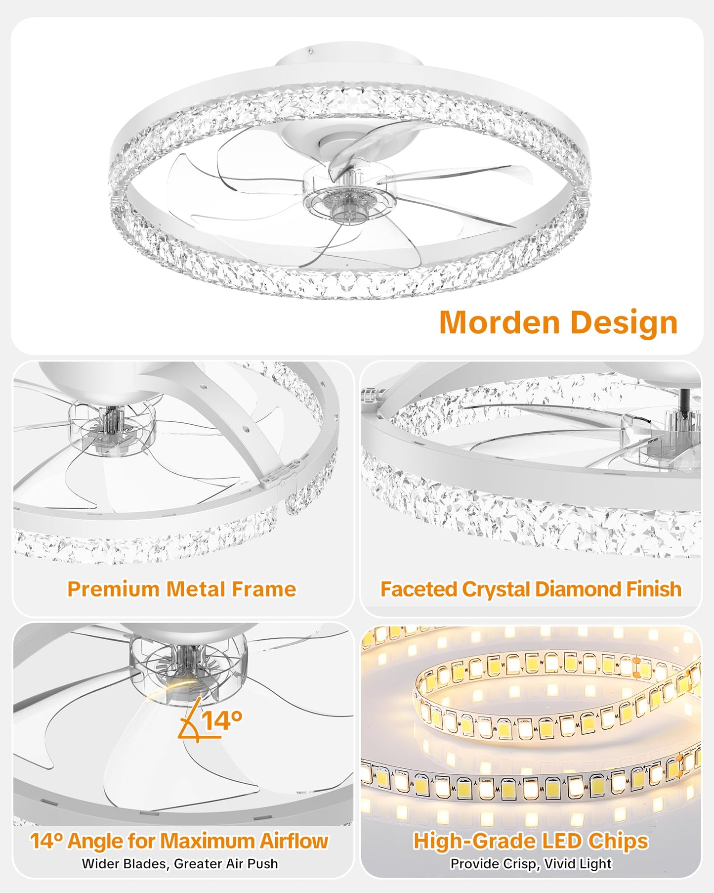 Aphyni Ceiling Fans with Lights and Remote, Low Profile Ceiling Fan, Morden Flush Mount LED Fan Light, 3000K-6500K Dimmable for Bedroom, Kitchen, Living Room, Srystal, White