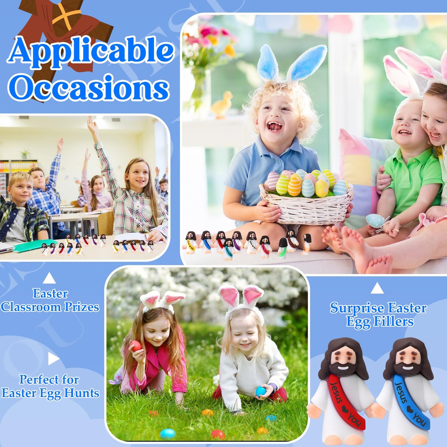 Bememo 100 Pcs Little Jesus Figures Jesus Loves You Original Design Pocket Rubber Little Figures to Hide and Seek Sunday Religious Party Share Easter Gifts(Vibrant Color)