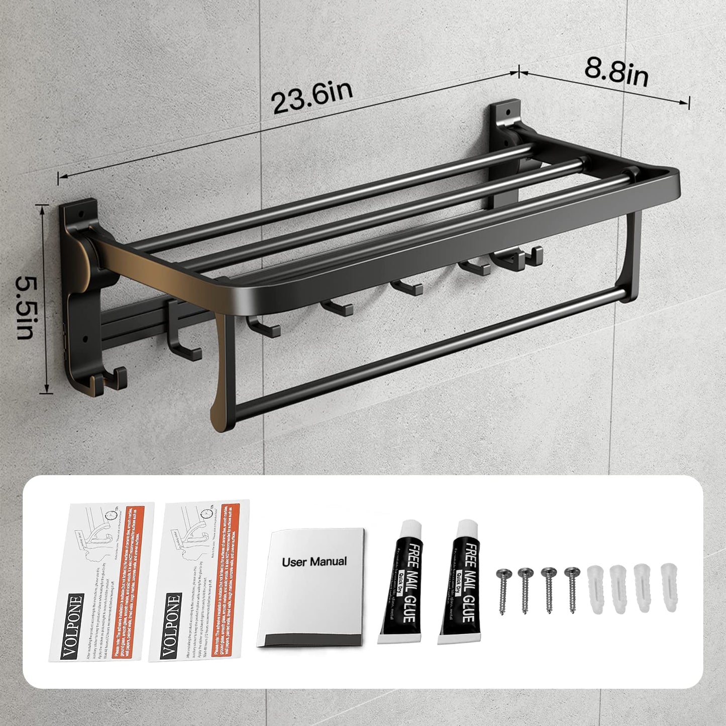 VOLPONE 24 Inch Towel Rack with Towel Bar Holder Foldable Towel Shelf with Movable Hooks Rustproof Towel Storage Wall Mount for Bathroom Lavatory Matte Black