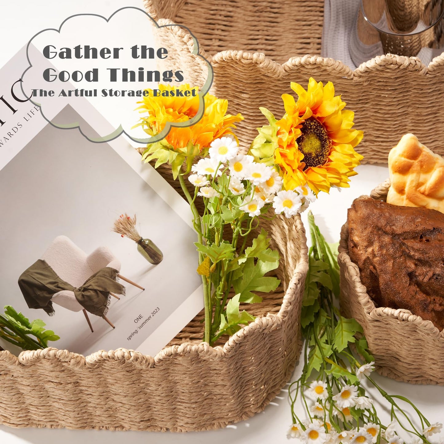 Scalloped Basket Set of 3, Wicker Storage Baskets - Hand-Woven Paper Rope Nursery Organizer for Diaper Caddy, Baby Toys & Shelves, Natural (16x10x7 Inch)