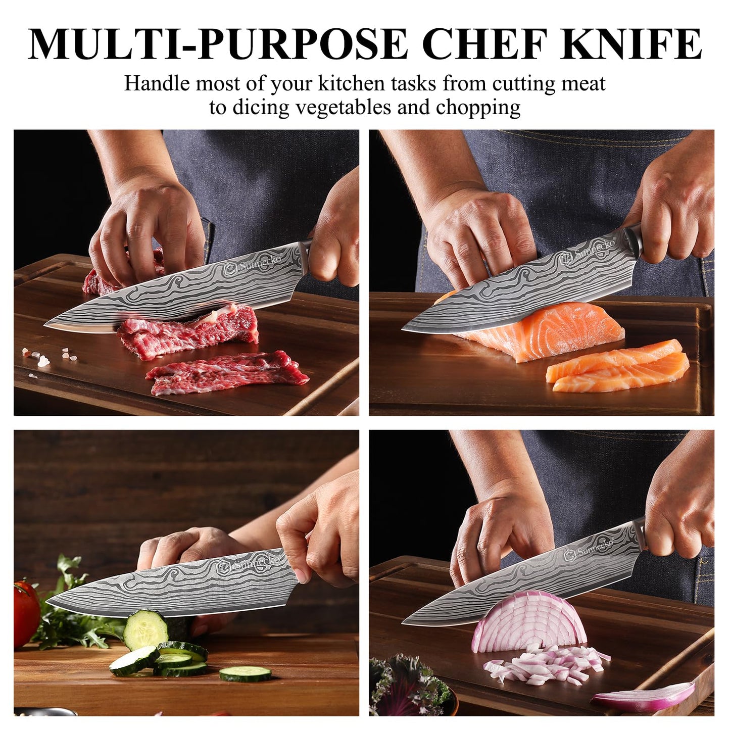 Sunnecko 8 Inch Chef Knife - Ultra Sharp 12-15 Degree Edge Kitchen Knife for Meat Vegetable Cutting Japanese Style, High Carbon Stainless Steel Blade, Pakkawood Handle &Sheath, Cooking Father Day Gift